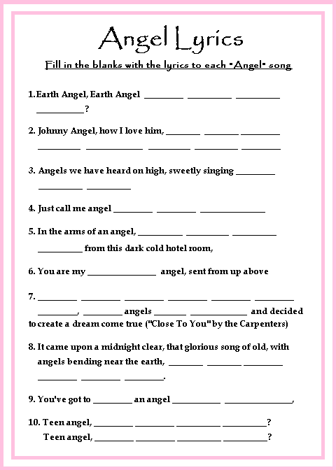Pink Angel Lyrics Game Card