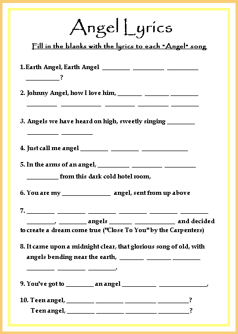 Orange & Yellow Angel Lyrics Game Card