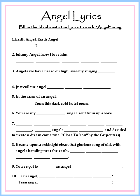 Blue & Pink Angel Lyrics Game Card