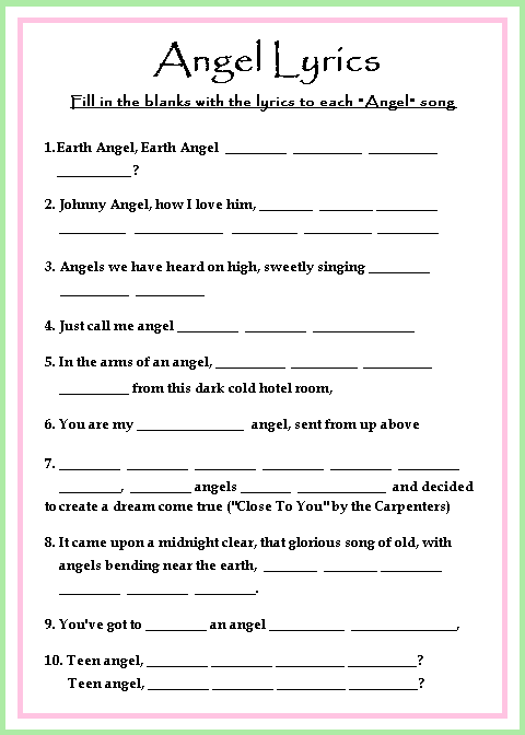Pink & green angel lyrics game card