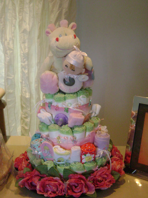 pink and green diaper cake