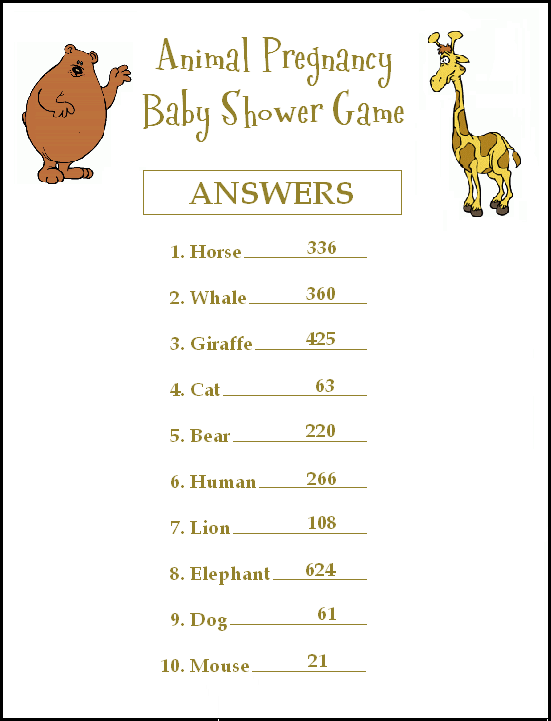 Answers for the Animal Pregnancy Game