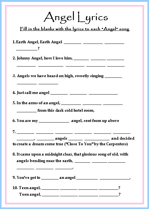 Blue & Pink Angel Lyrics Game Card Blue & Pink Angel Lyrics Game Card