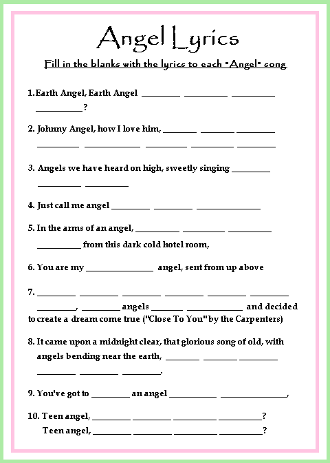 Pink & green angel lyrics game card Pink & green angel lyrics game card