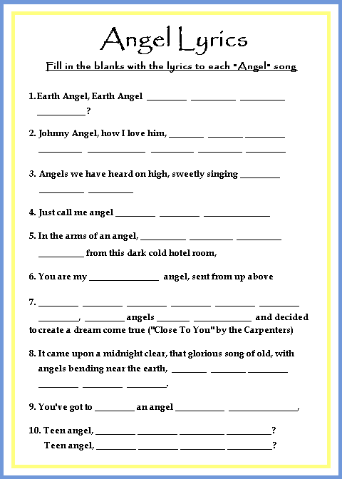 Blue & Yellow Angel Lyrics Game Card Blue & Yellow Angel Lyrics Game Card