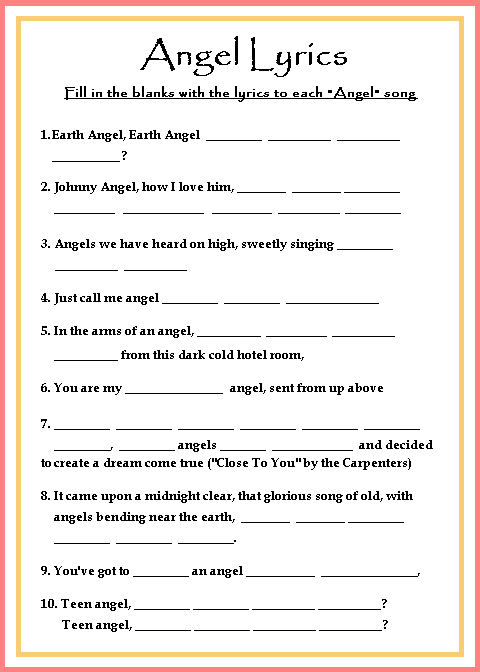 Red and Orange Angel Lyrics Game Card Red and Orange Angel Lyrics Game Card