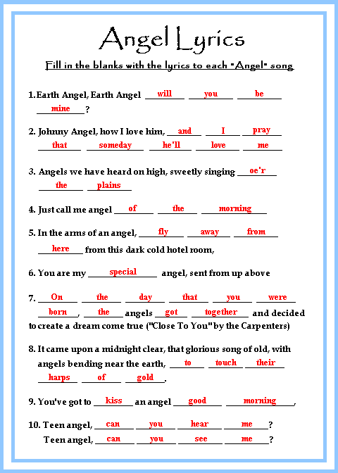 Angel baby shower game ANSWER KEY